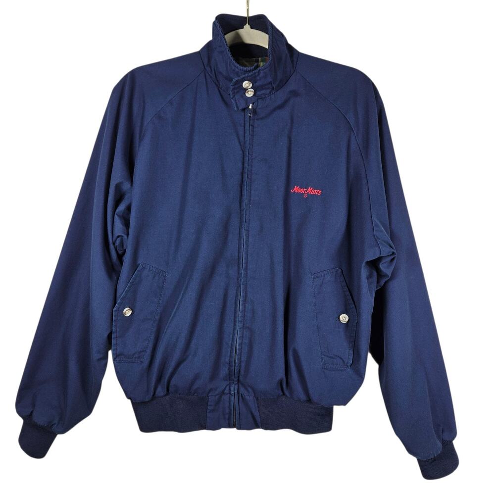 MoorMans Jacket Mens Large Navy‎ Plaid Lined Bomber VTG Advertising USA K-Brand